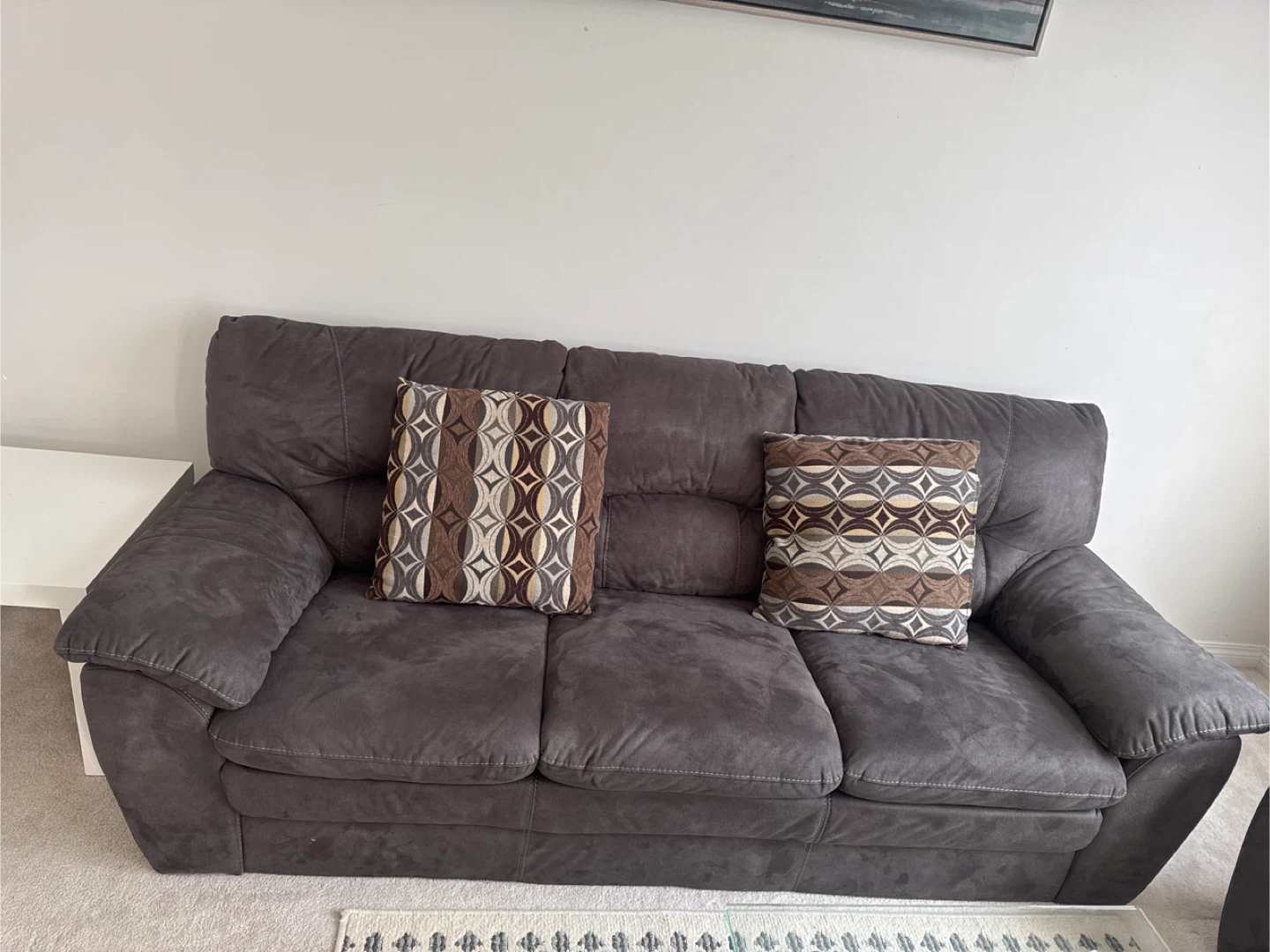 Dark Grey Suede Couch with Throw Pillows