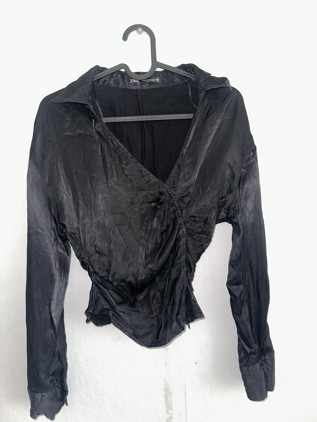 Black Ruched V-Neck Blouse