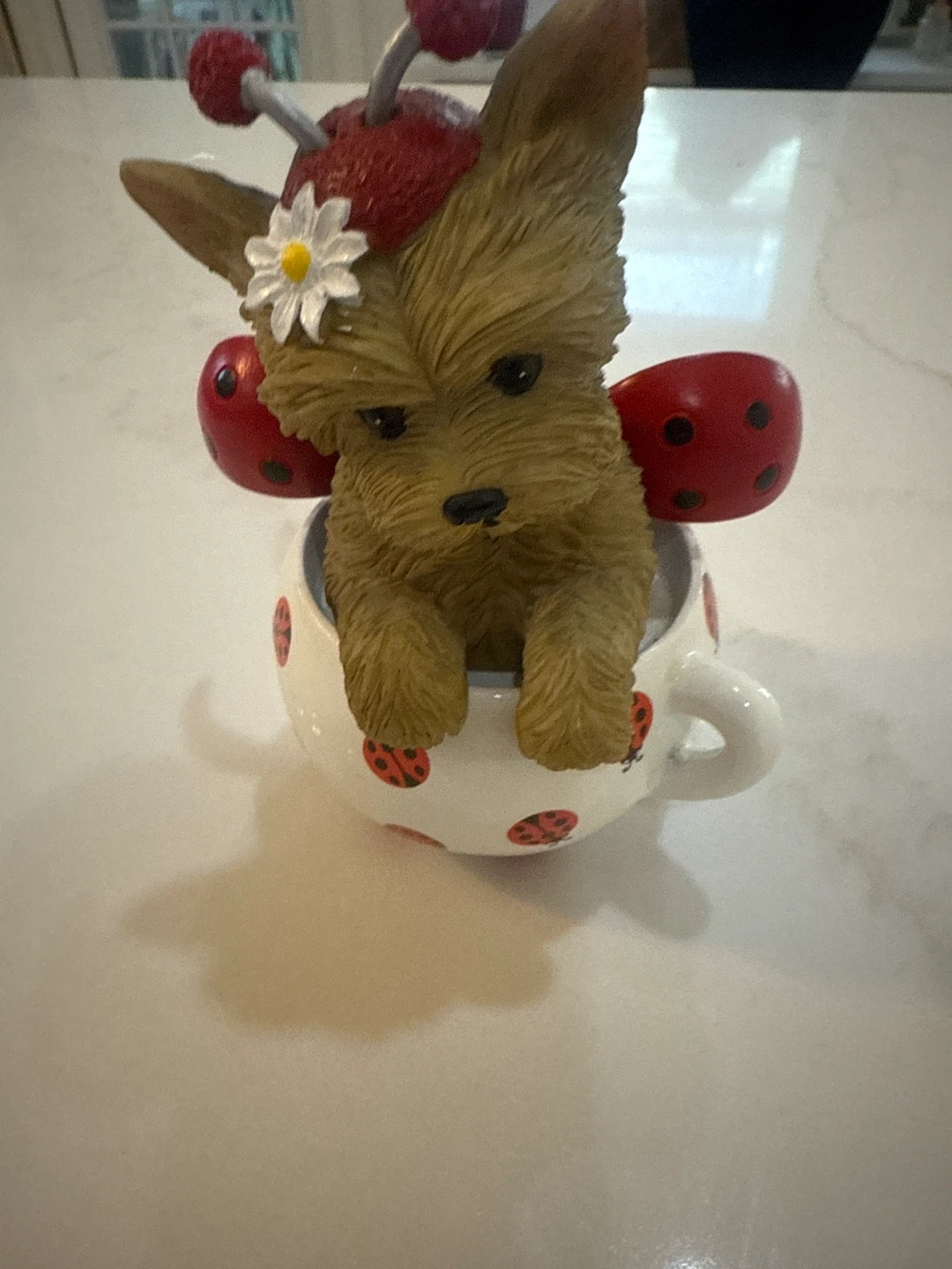 Yorkie Dog in Ladybug Cup Figurine