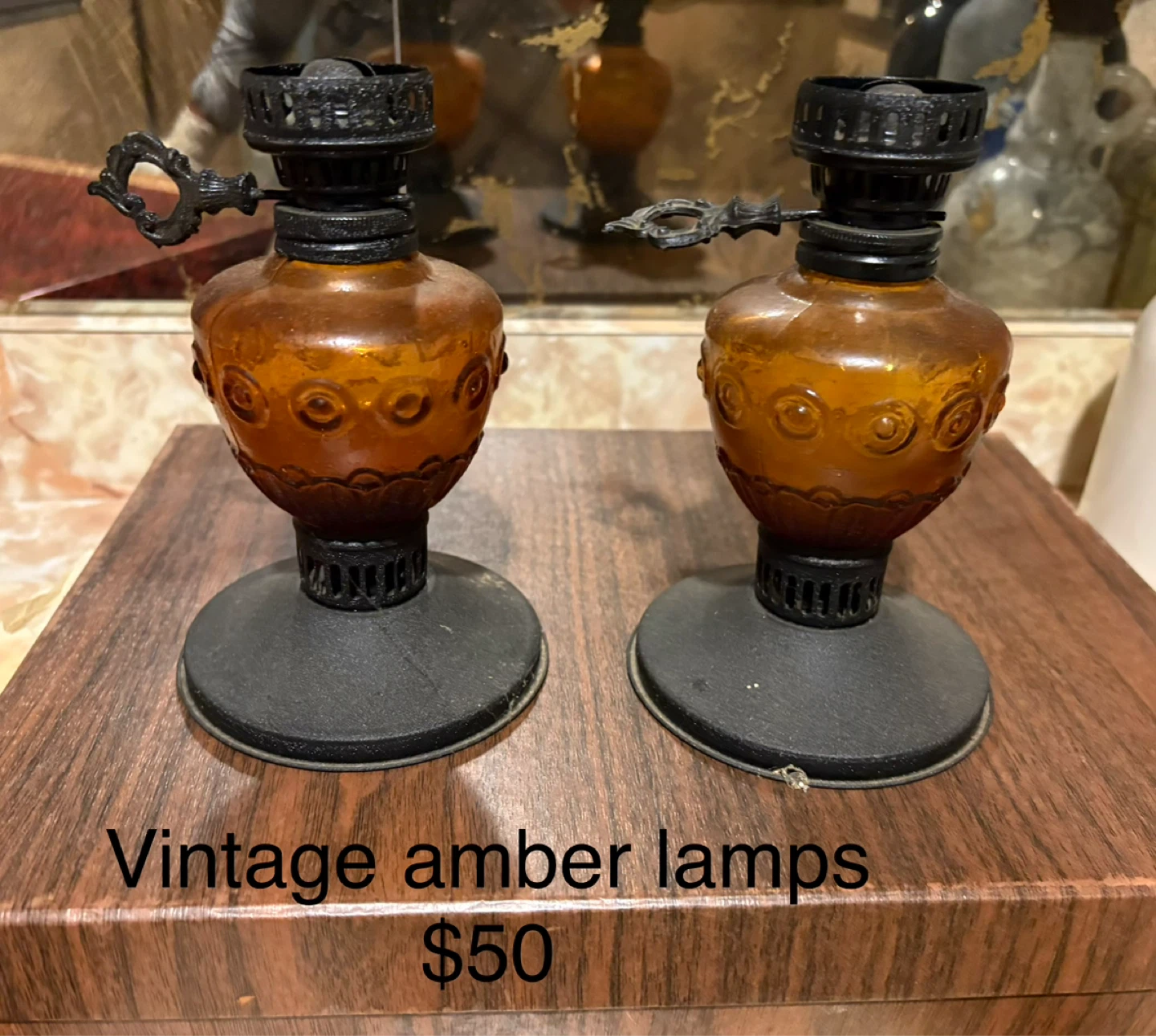 Vintage Amber Glass Oil Lamps (Pair)