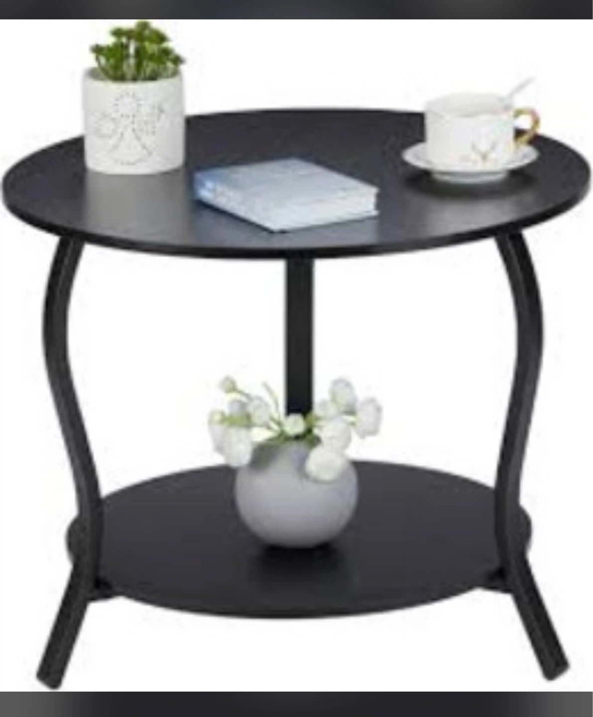 Black 2-Tier Round End Table with Metal Frame