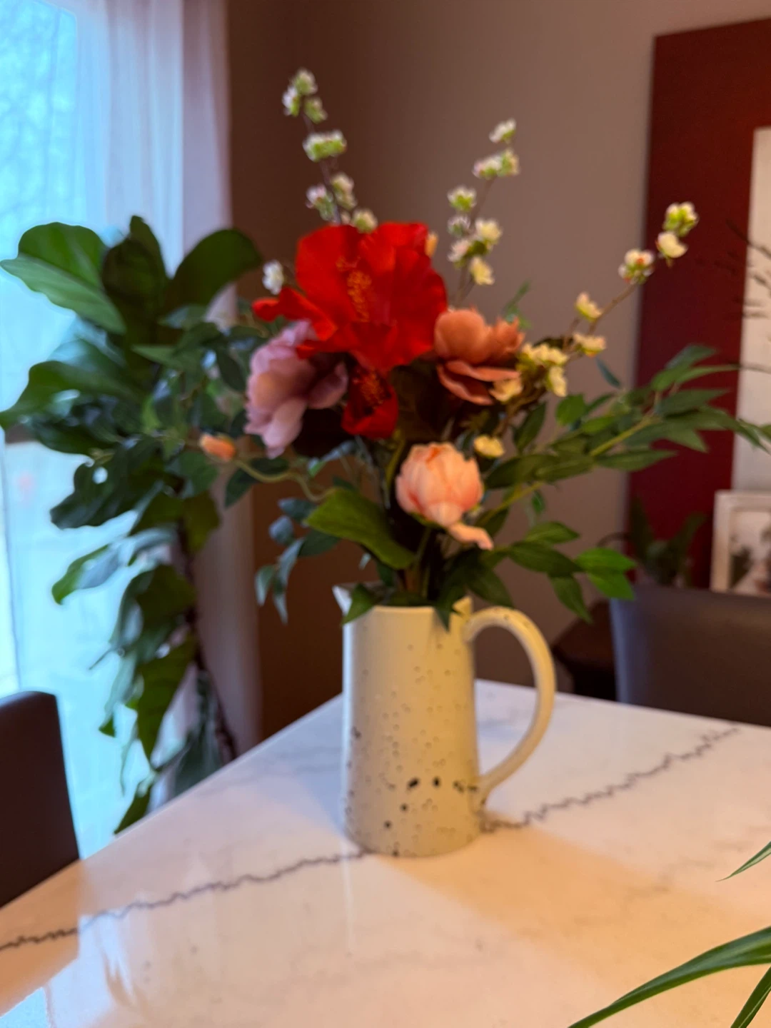Artificial Flower Arrangement in Speckled Pitcher - photo 4