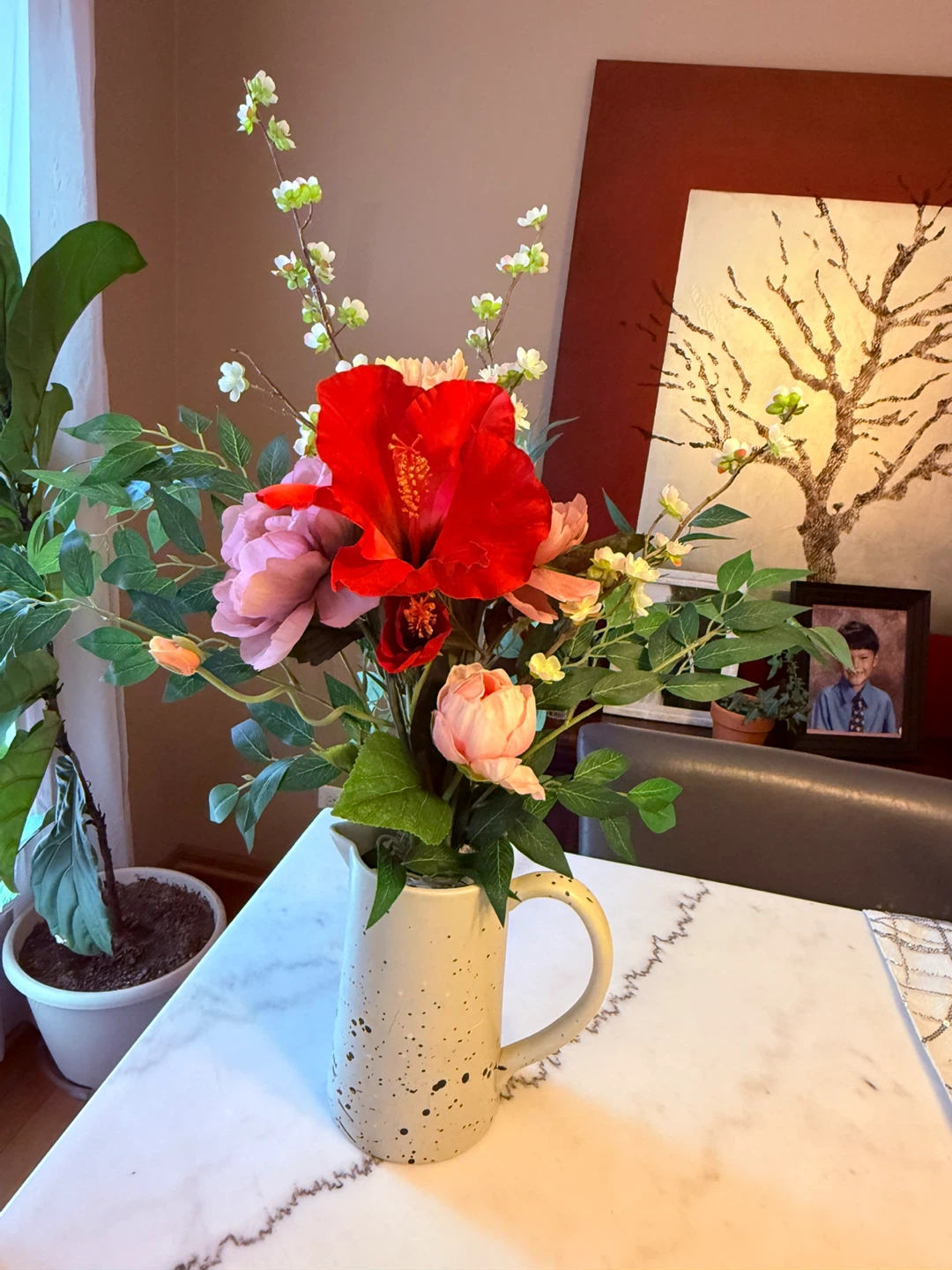 Artificial Flower Arrangement in Speckled Pitcher