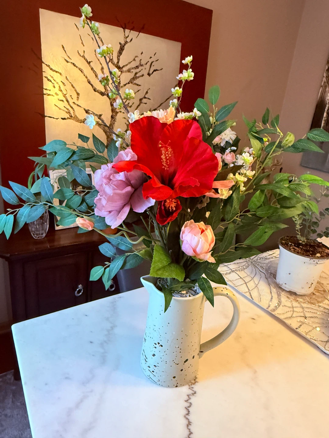 Artificial Flower Arrangement in Speckled Pitcher - photo 2