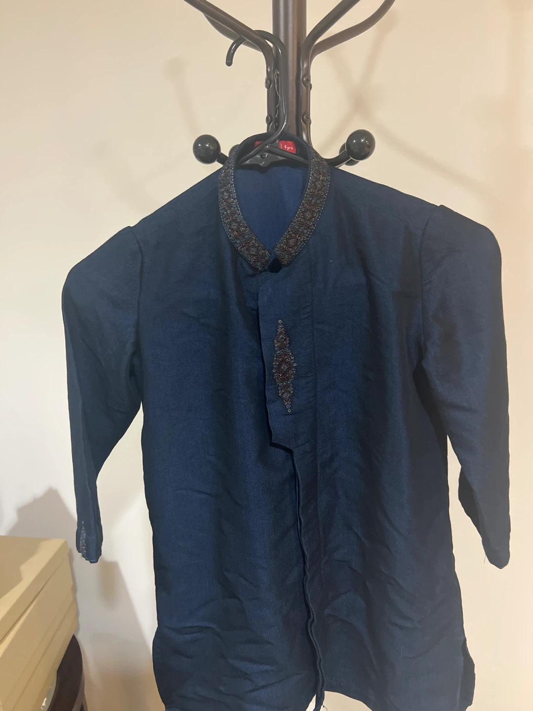 Boys Navy Kurta with Embroidered Collar 4 years