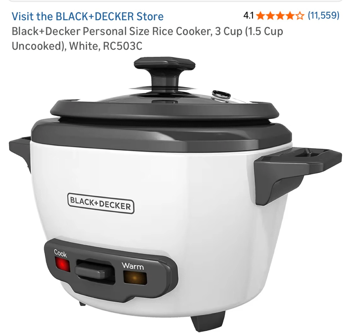 Black+Decker 3-Cup Rice Cooker & Steamer - White
