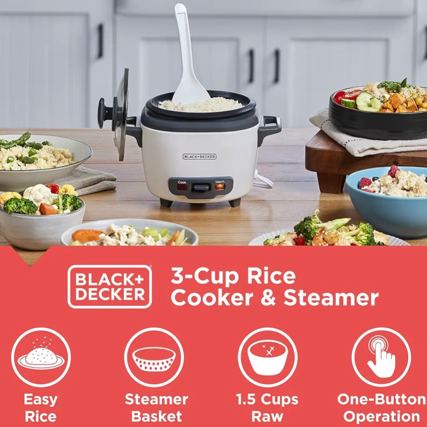 Black+Decker 3-Cup Rice Cooker & Steamer - White - photo 4