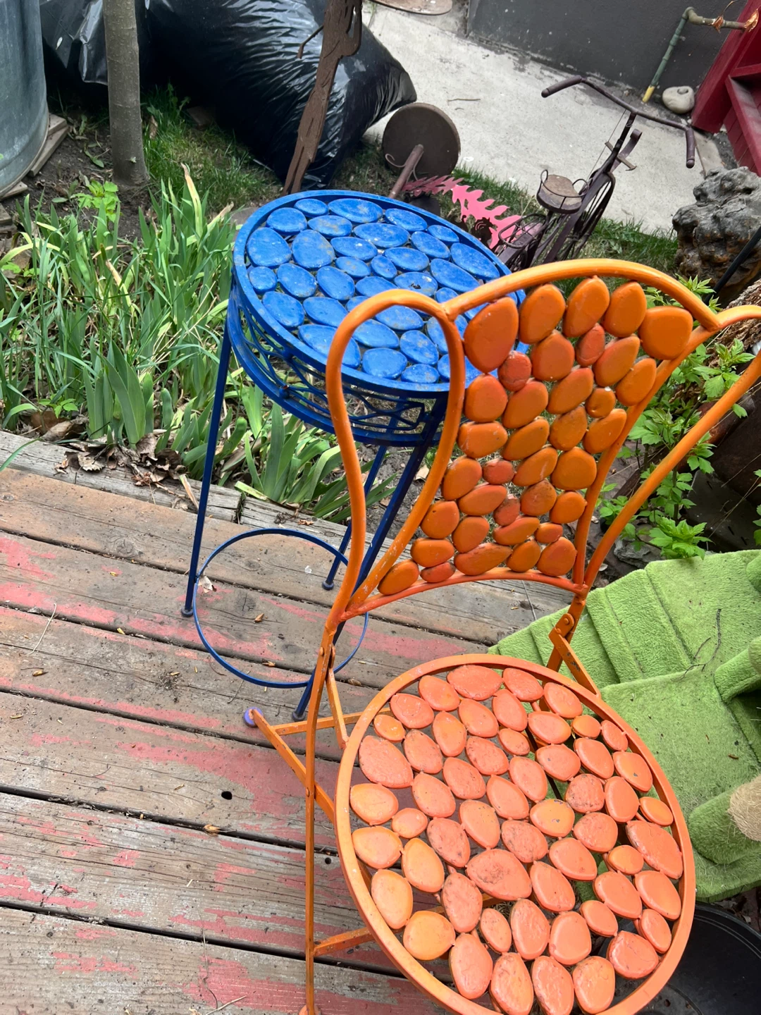 Orange Metal Outdoor Chair and Blue Side Table Set