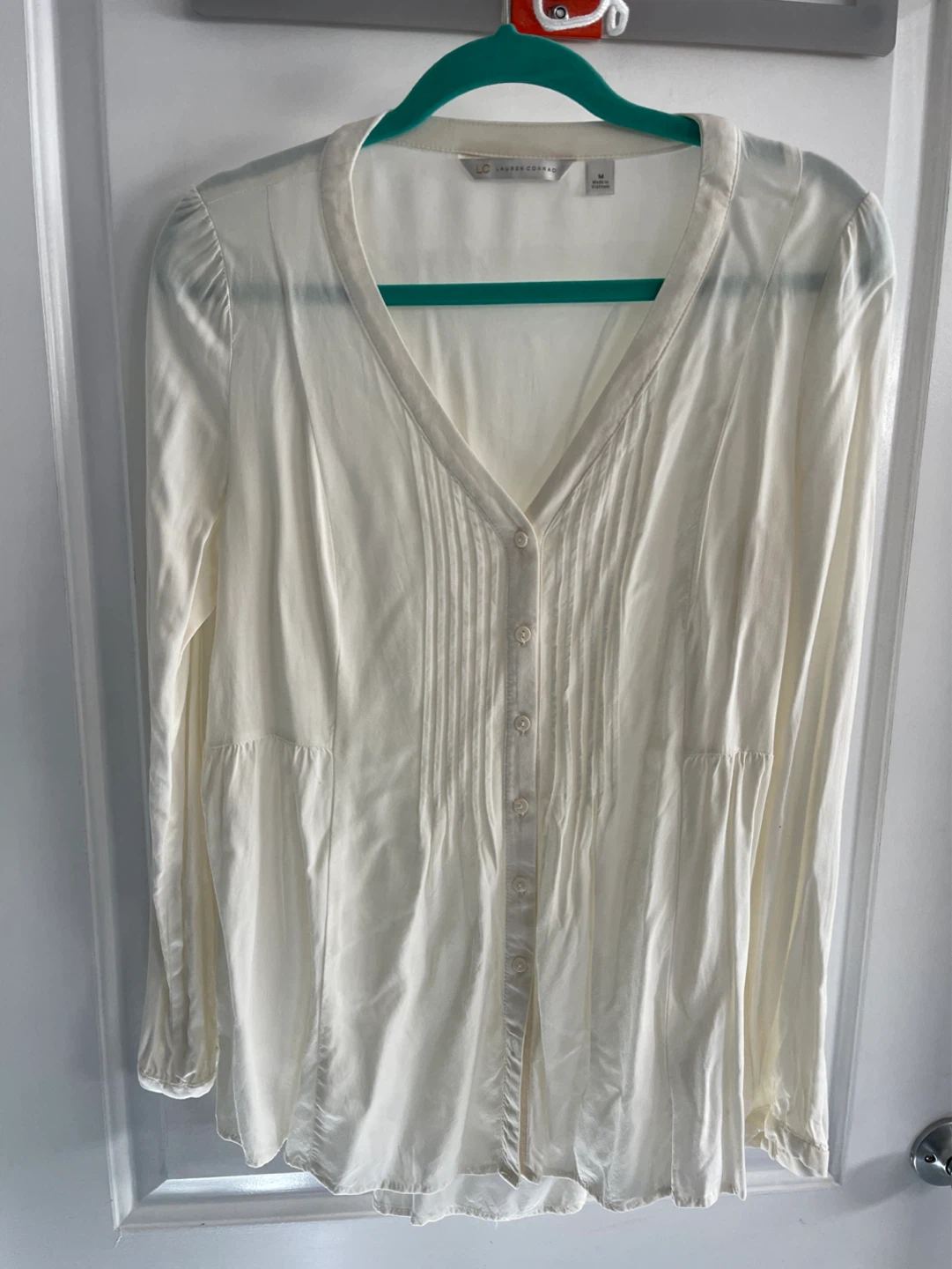 LC Lauren Conrad Cream Pleated V-Neck Blouse