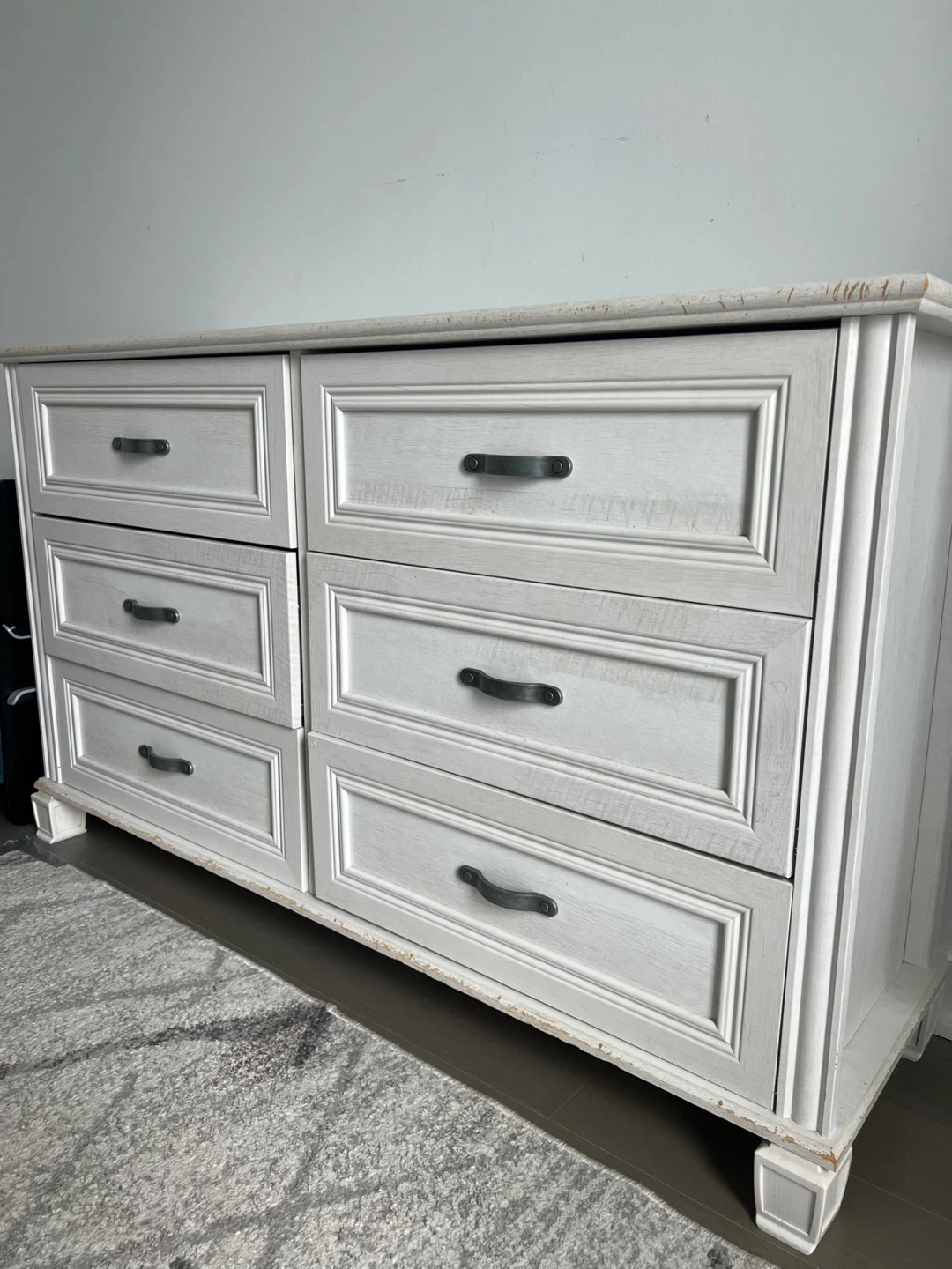 Beige 6-Drawer Dresser with Silver Handles