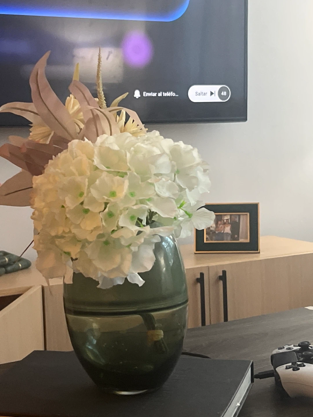 Decorative Flower Arrangement in Green Glass Vase
