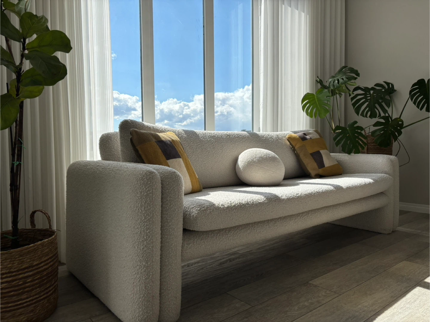 Cream Teddy Fabric Sofa with Pillow