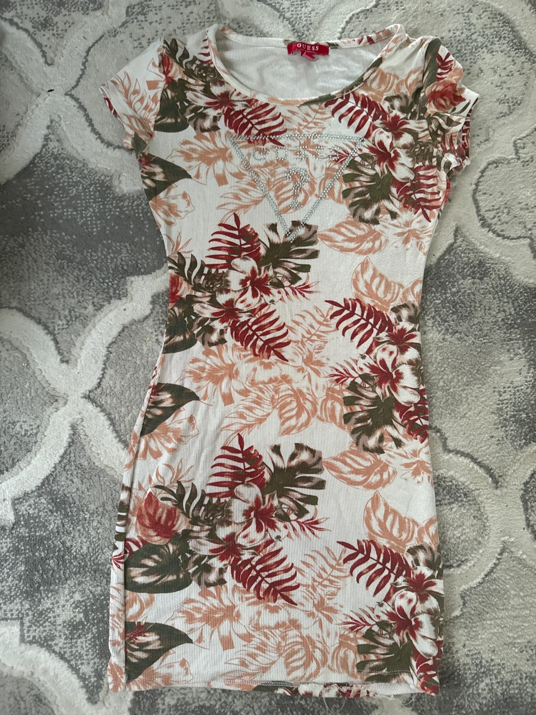 Guess Floral Print Ribbed Dress with Rhinestone Logo