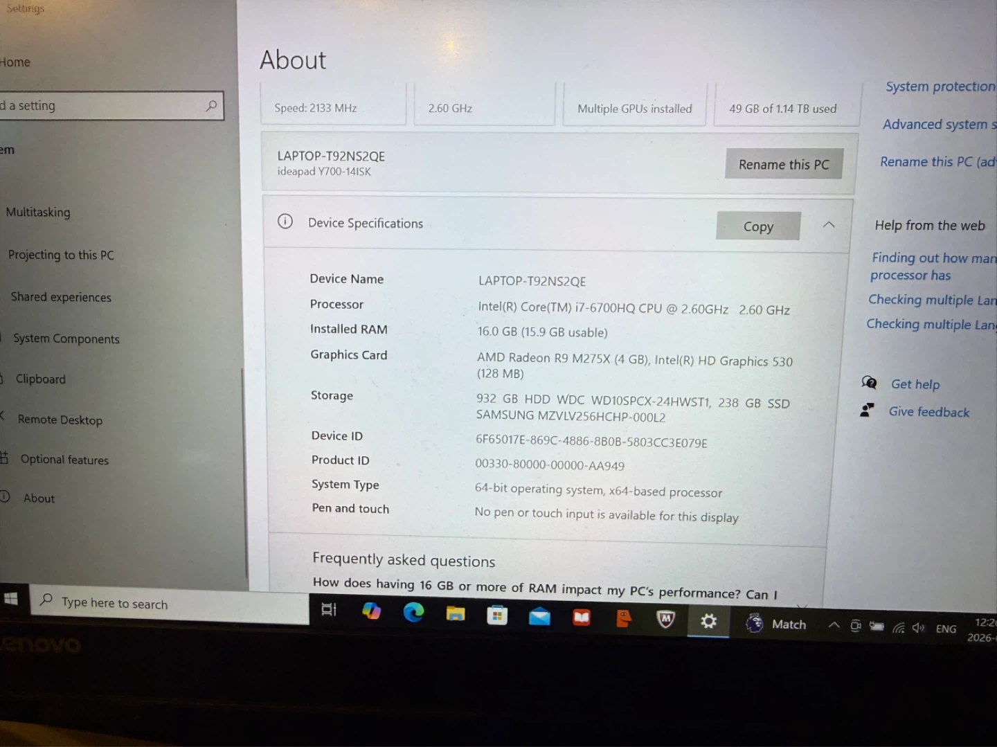Lenovo Laptop Y700-14ISK - photo 3