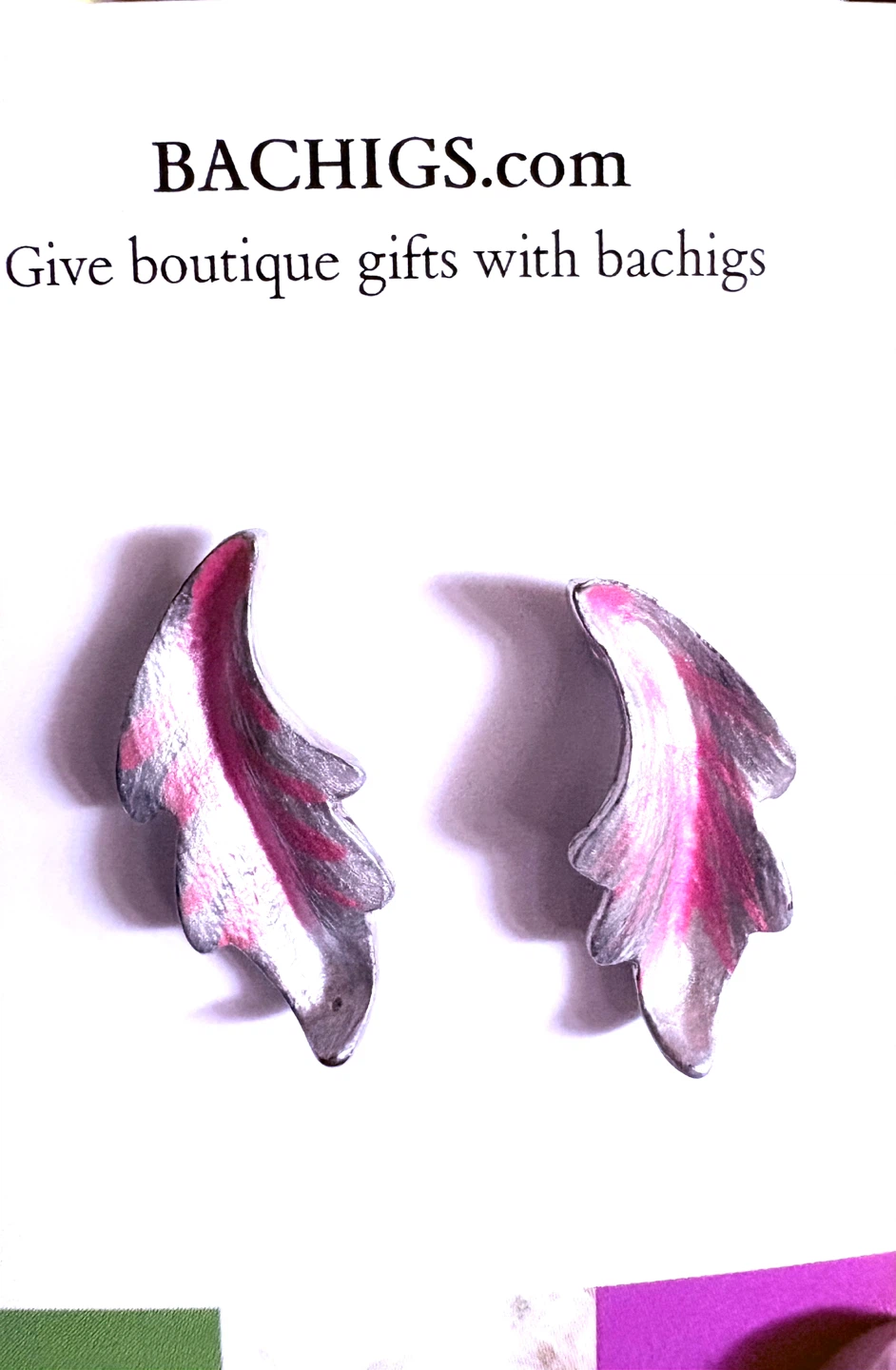 Leaf Design stud Earrings Pink & Silver, new
