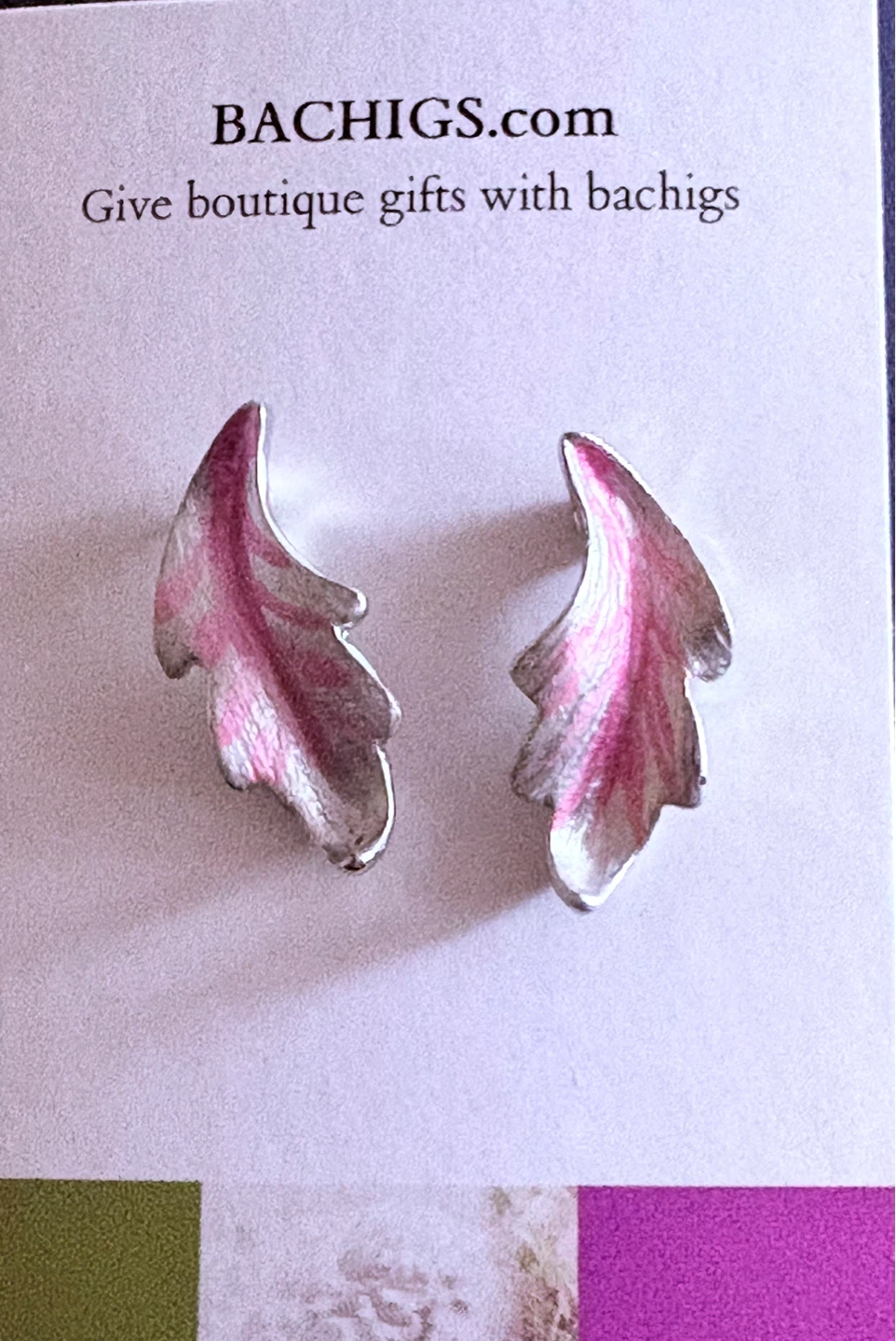 Leaf Design stud Earrings Pink & Silver, new - photo 3