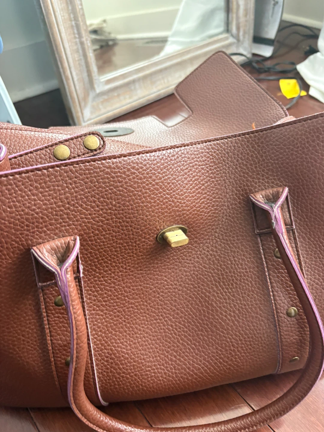 Brown Faux Leather Satchel Handbag with Gold Hardware - photo 4