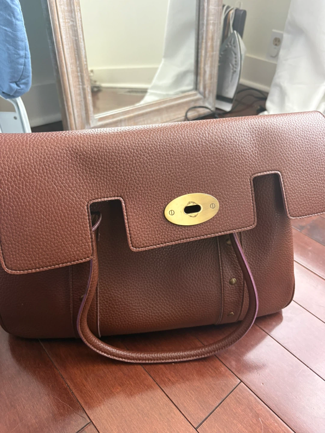 Brown Faux Leather Satchel Handbag with Gold Hardware - photo 3