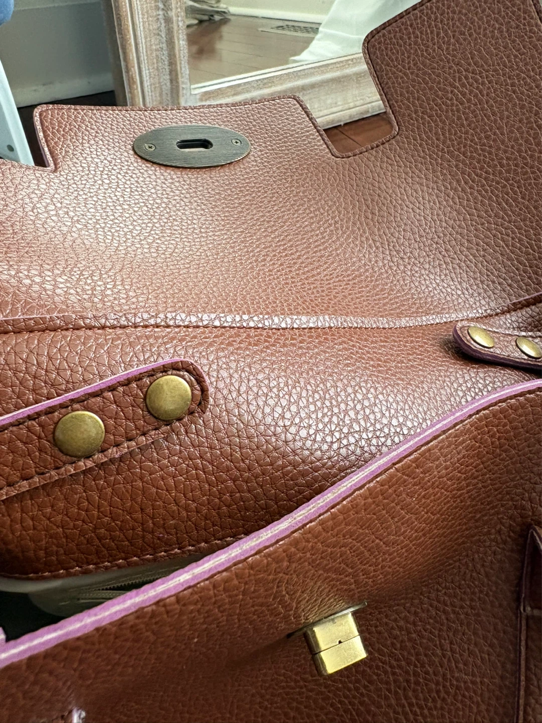 Brown Faux Leather Satchel Handbag with Gold Hardware - photo 5