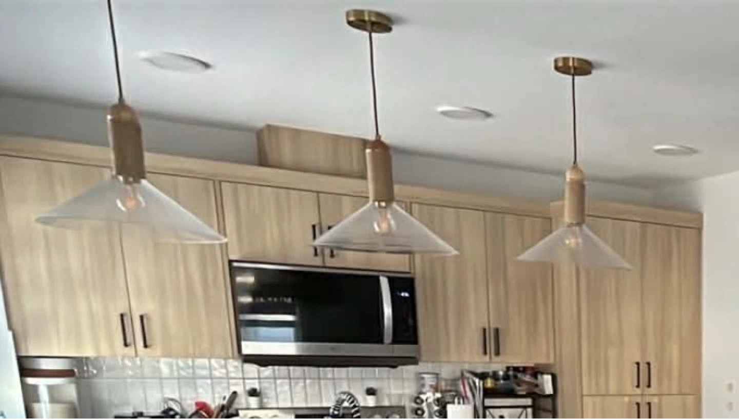 3 Pendant Light Fixtures - Brass and Wood Accents