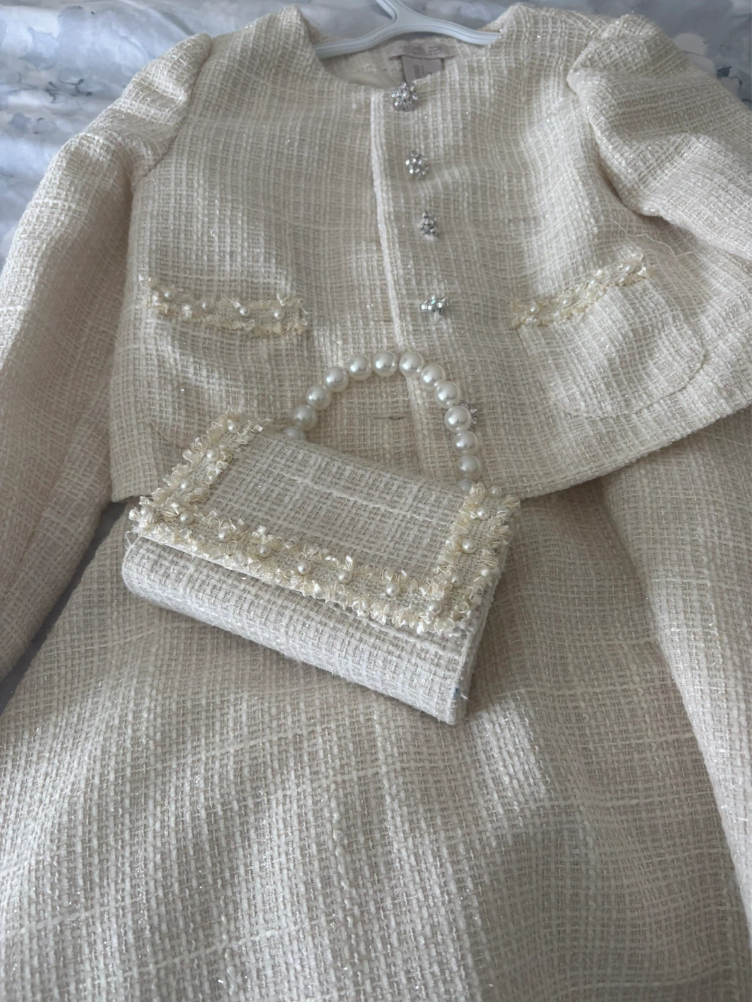 Rachel Zoe Cream Tweed Skirt Suit with Beaded Accents - Size 7 - photo 2