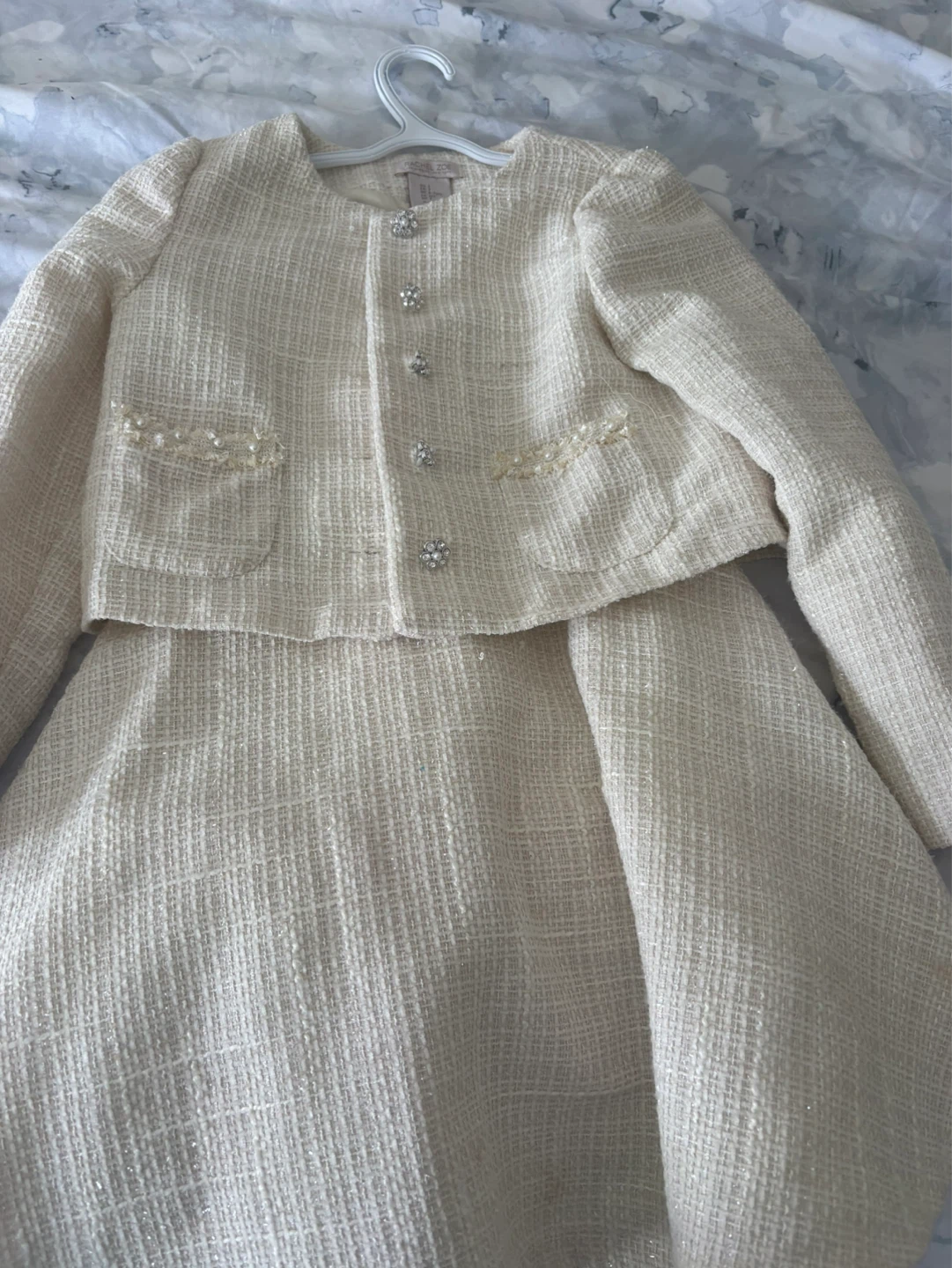Rachel Zoe Cream Tweed Skirt Suit with Beaded Accents - Size 7 - photo 3