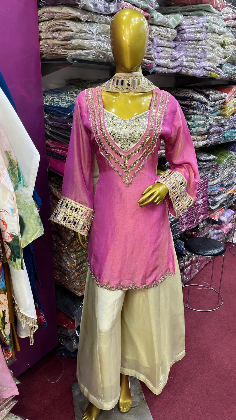 Women's Pink & Gold Embroidered Kurti with Palazzo Pants