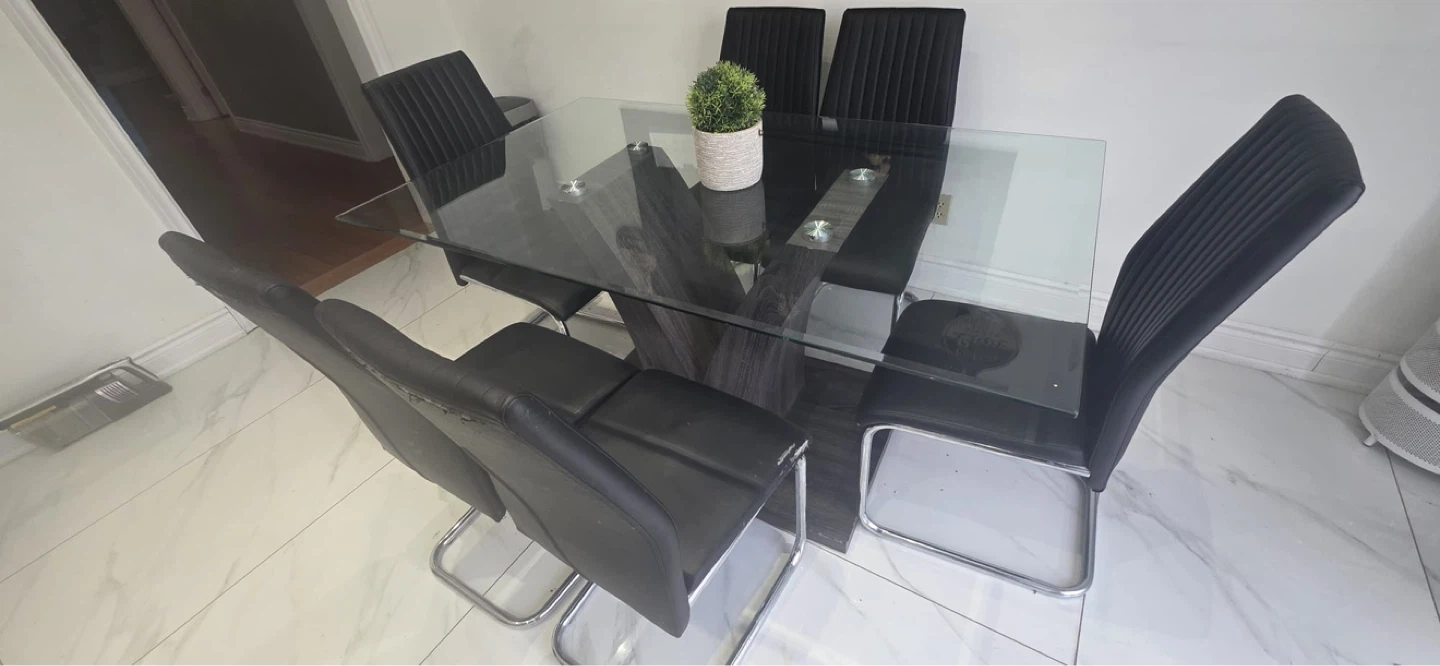 Glass Top Dining Table with 6 Black Chairs