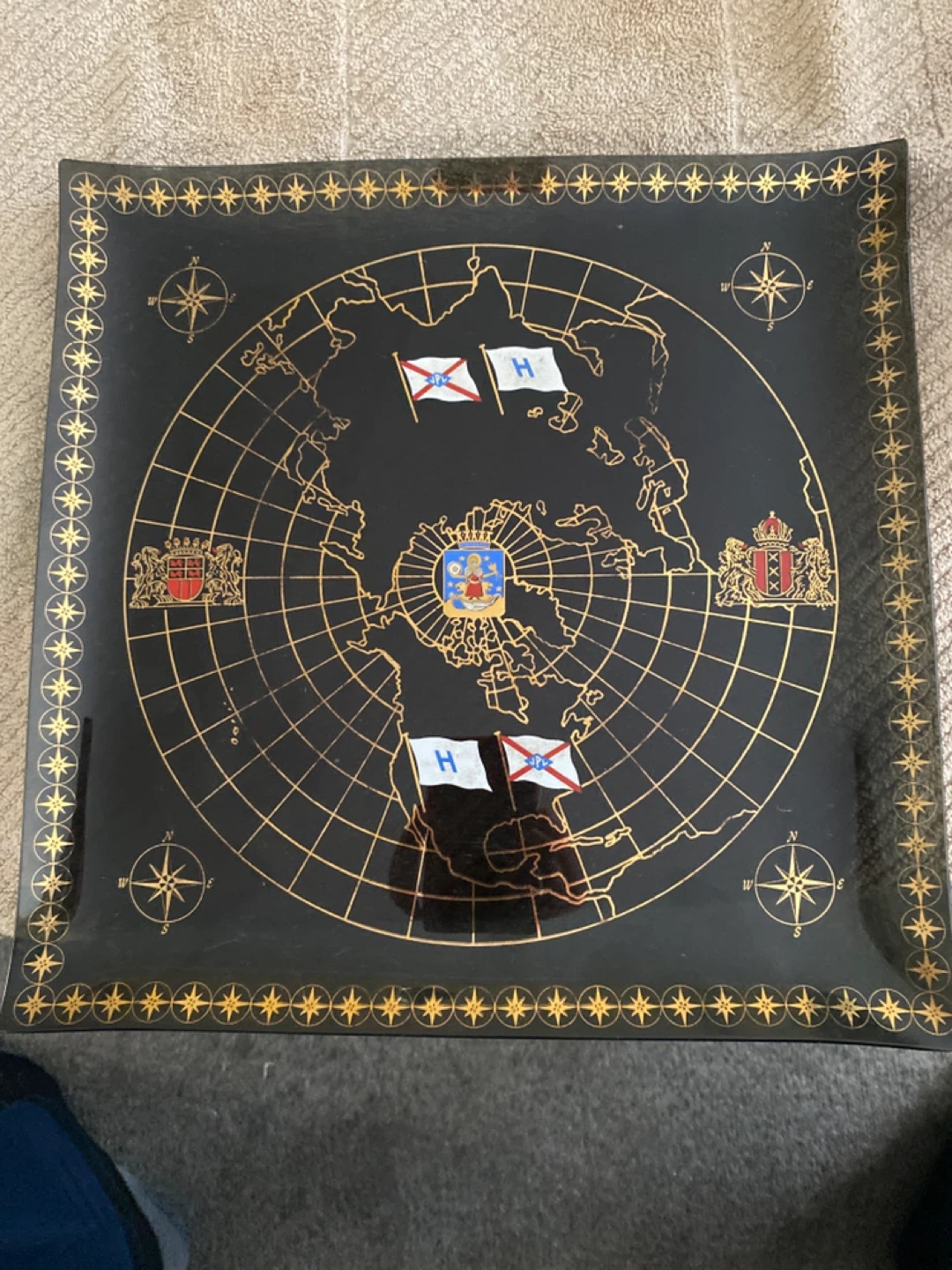 Vintage Black and Gold World Map Decorative Tray