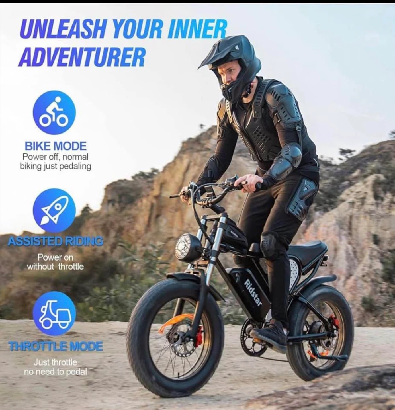 Ridestar Electric Fat Tire Bike - 20" x 4.0" Tires, 1500W Motor