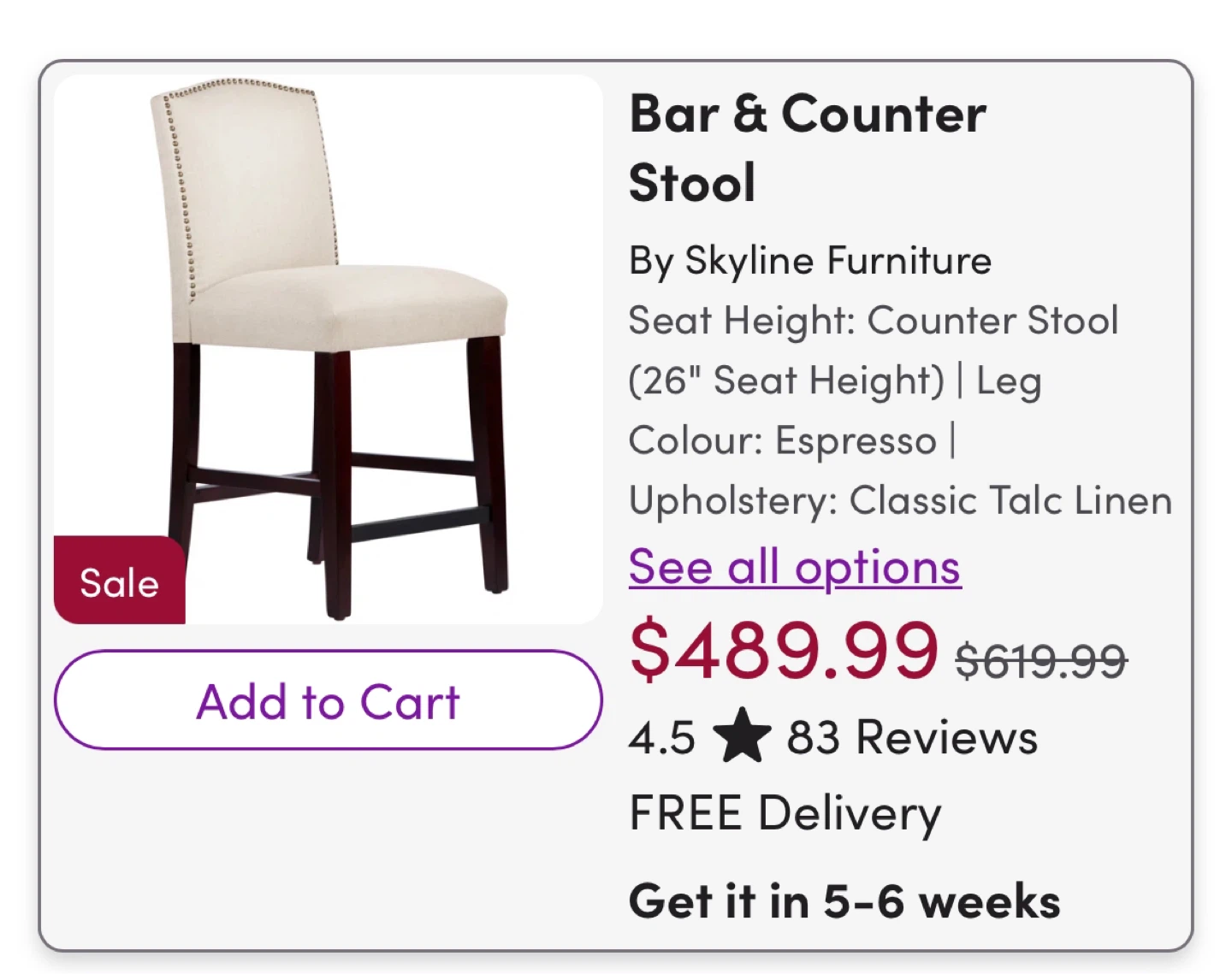 Retails $400 Furniture Bar & Counter Stool - Classic Talc Linen