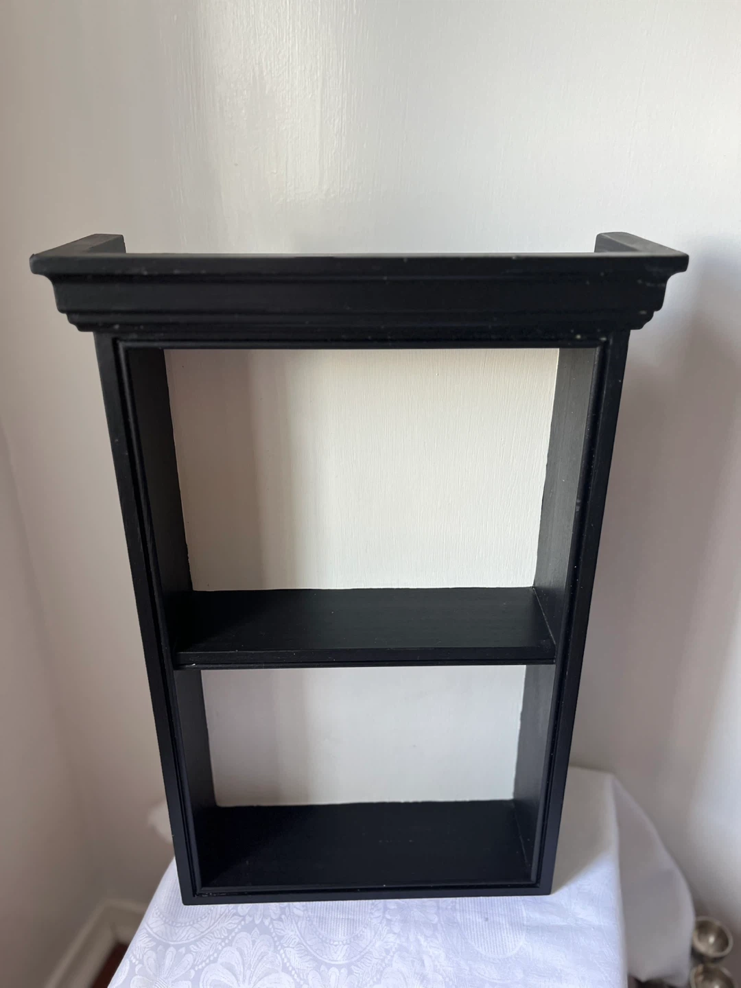 Black Wooden Display Shelf with Decorative Top