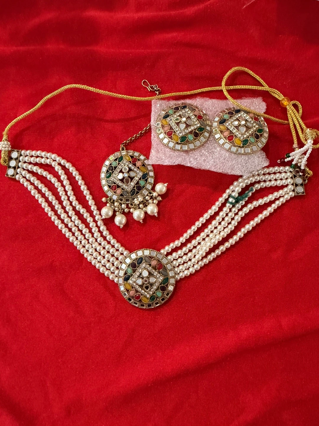 Pearls and Embellished Choker Necklace Set with Earrings & Tikka