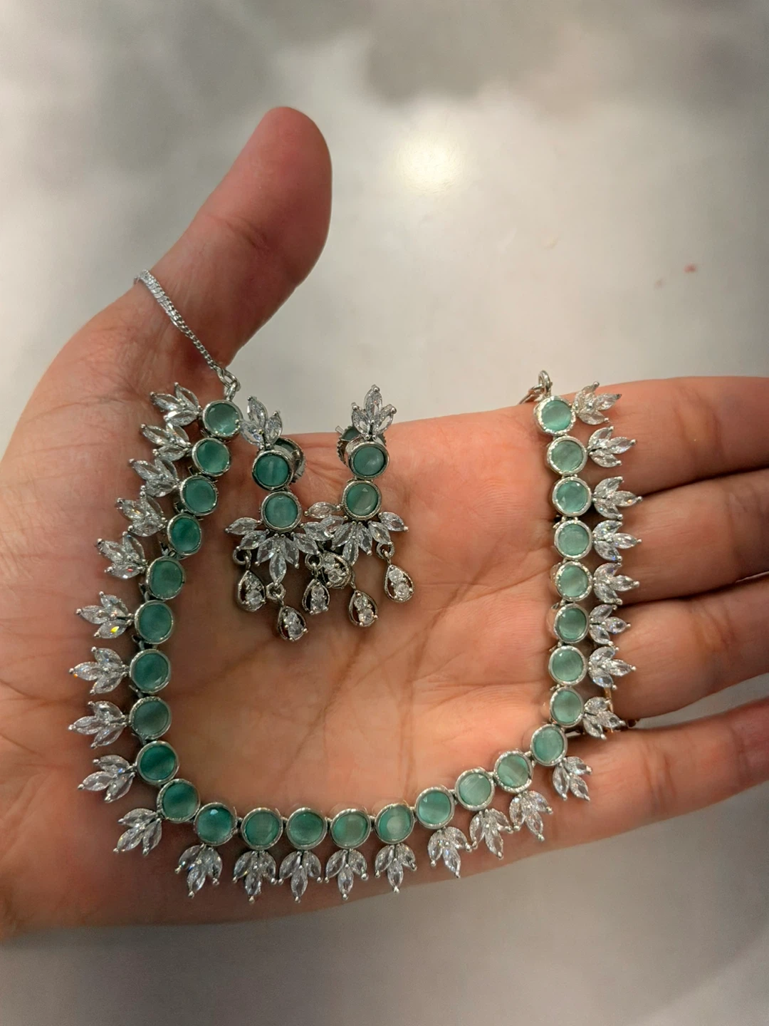 Mint Green & Clear Stone Necklace and Earring Set