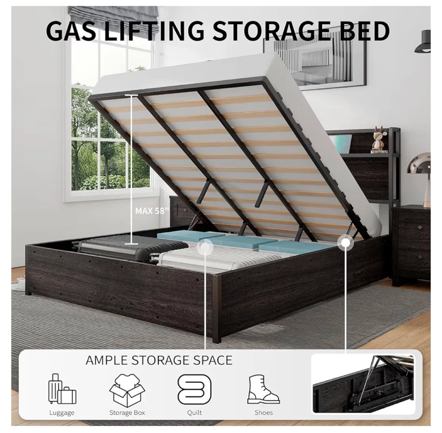 Queen Size Black Storage Bed with Charging Station - photo 5