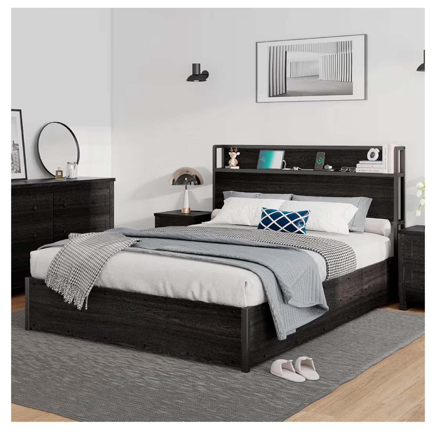 Queen Size Black Storage Bed with Charging Station - photo 3