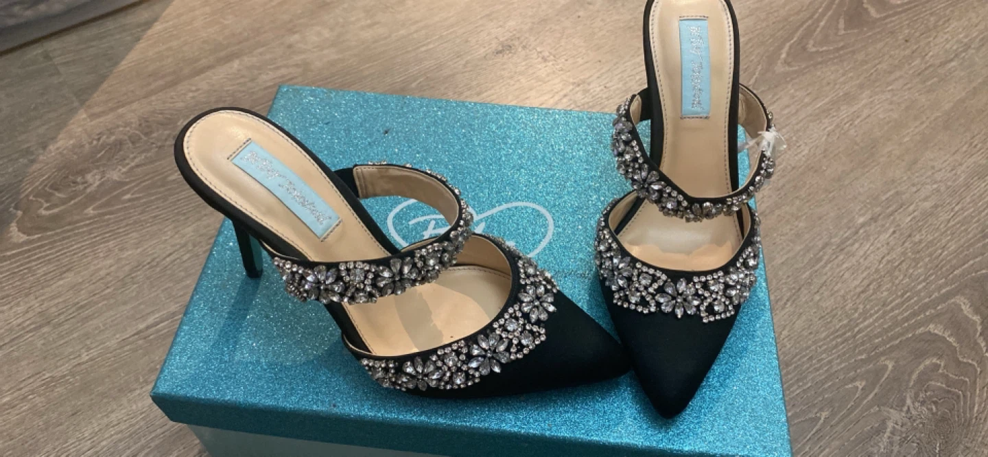 Betsey Johnson Satin Rhinestone Pointed-Toe Mules.
