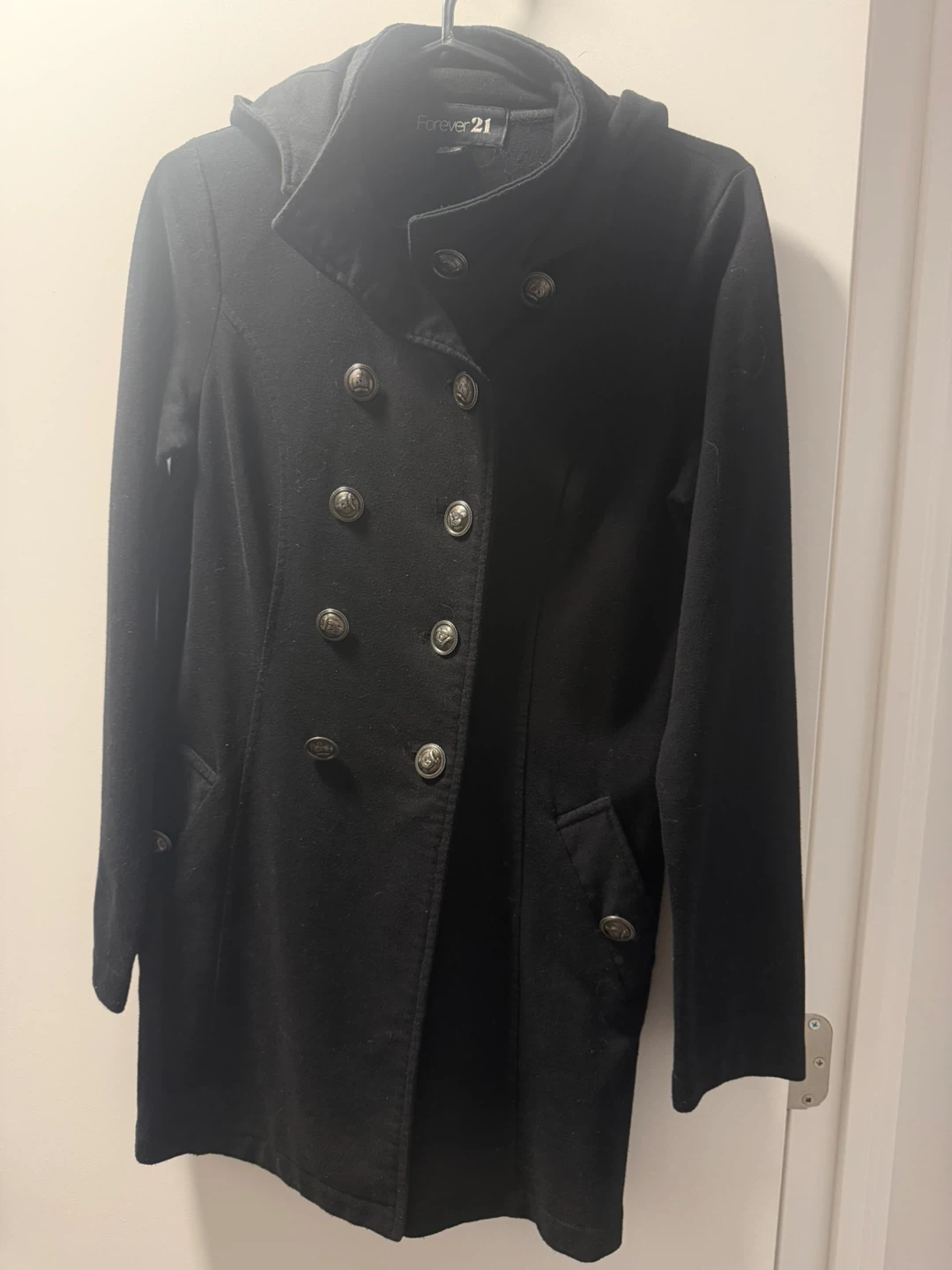Forever 21 Black Double-Breasted Peacoat with Hood
