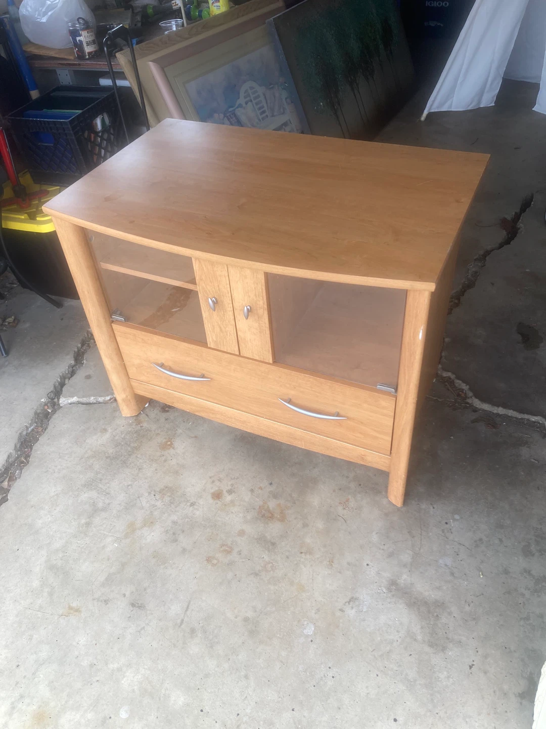Light Wood Media Console with Glass Doors and Drawers