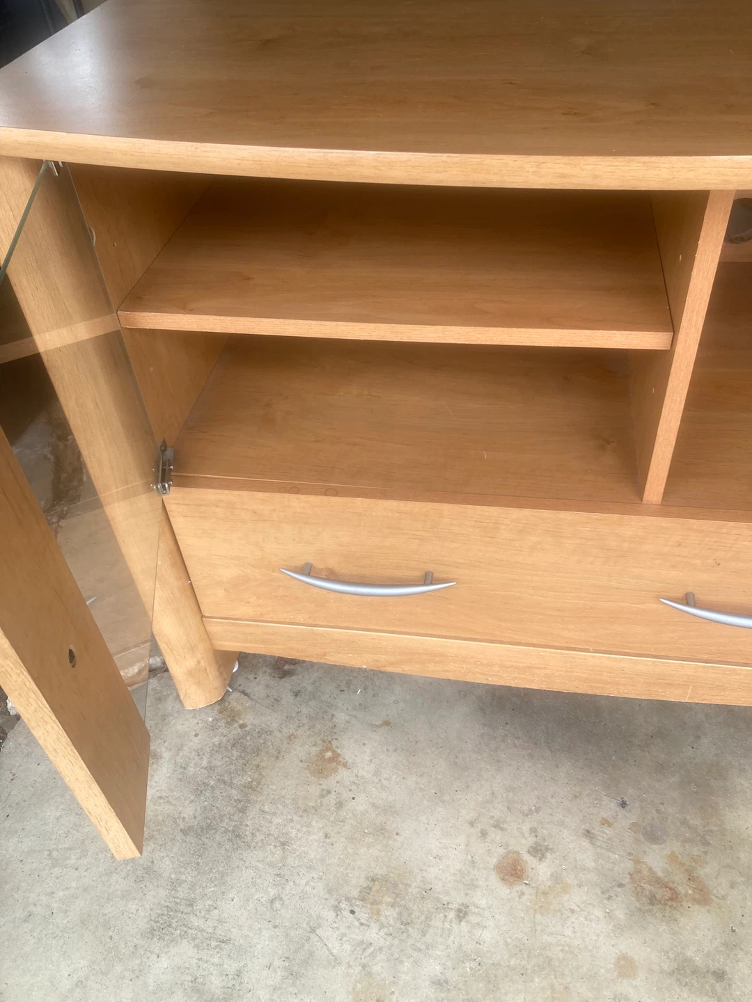 Light Wood Media Console with Glass Doors and Drawers - photo 3