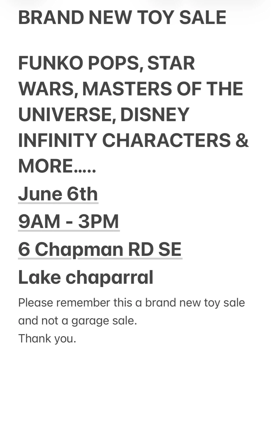 Brand New Toy Sale - 6 Chapman RD SE -  Saturday June 6th