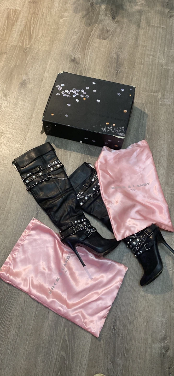 bk leather vintage Stiletto"BLING BOOTS" RHINESTONE/CHAINS - photo 2