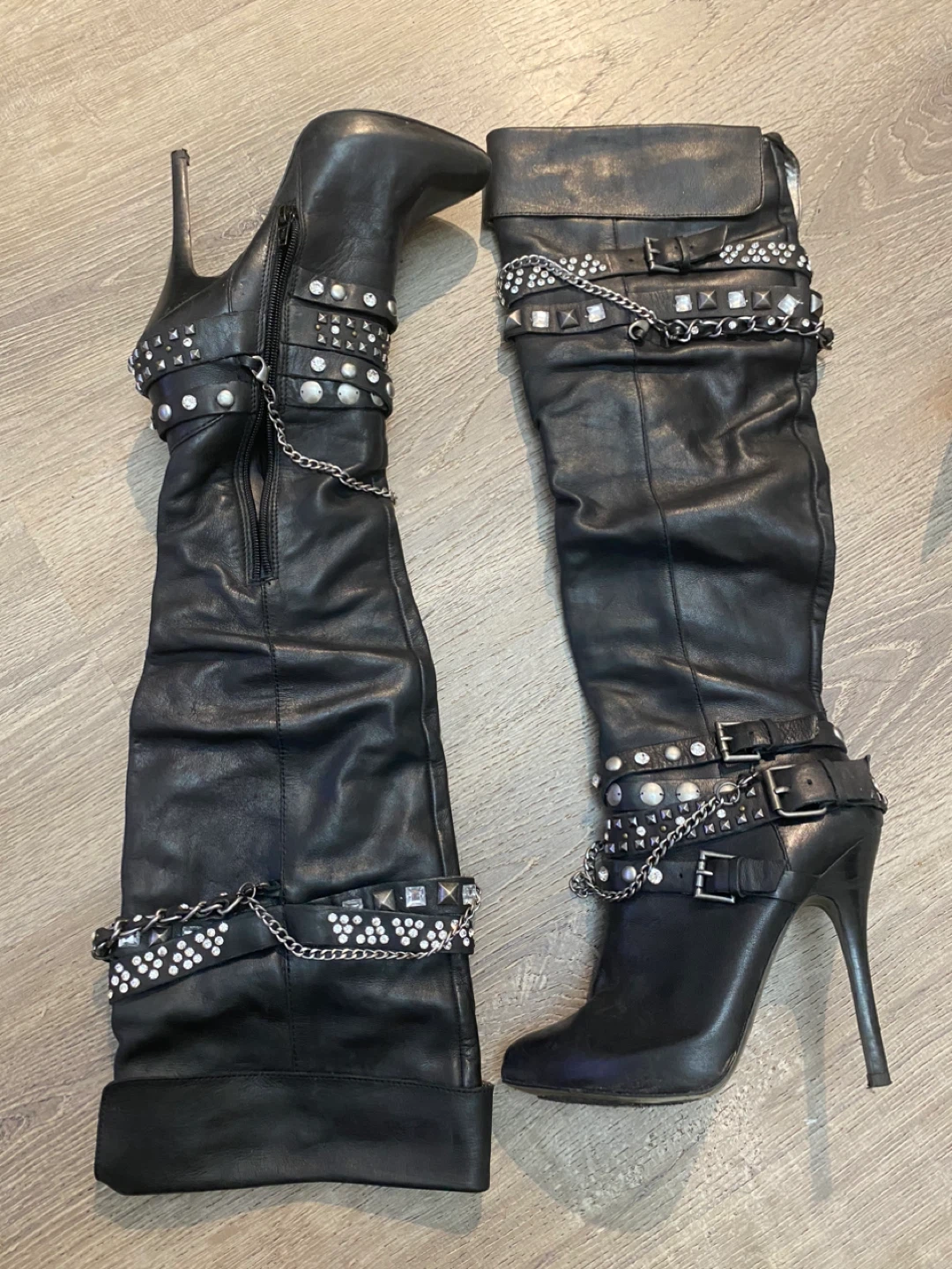 bk leather vintage Stiletto"BLING BOOTS" RHINESTONE/CHAINS - photo 3