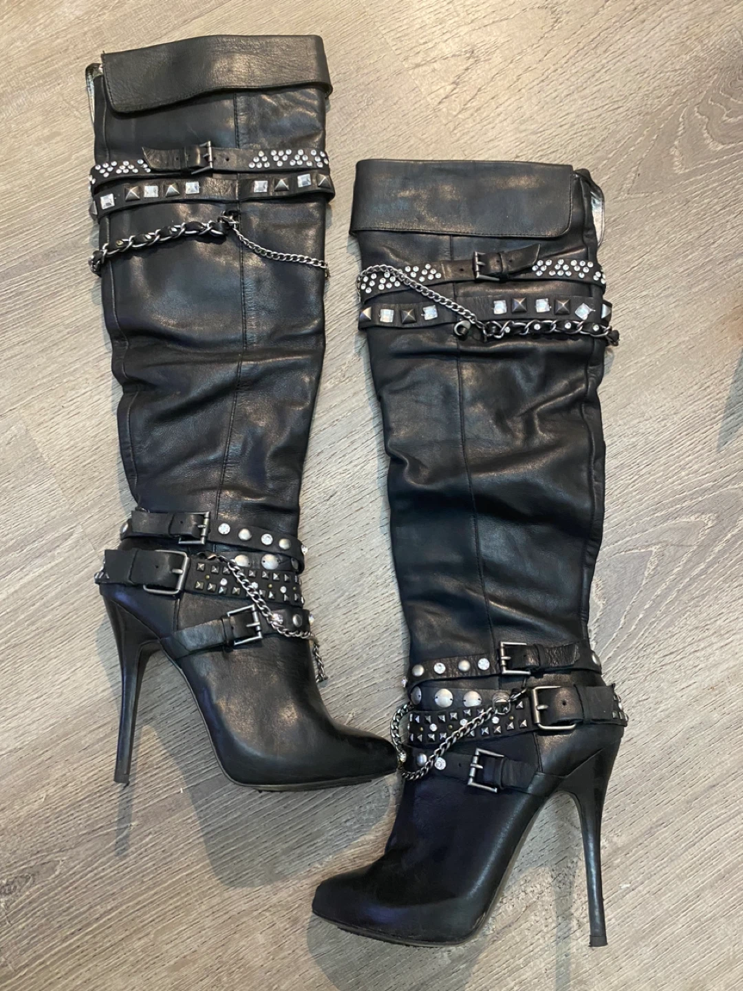 bk leather vintage Stiletto"BLING BOOTS" RHINESTONE/CHAINS