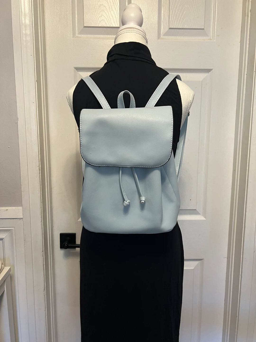 Light Blue Faux Leather Drawstring Backpack