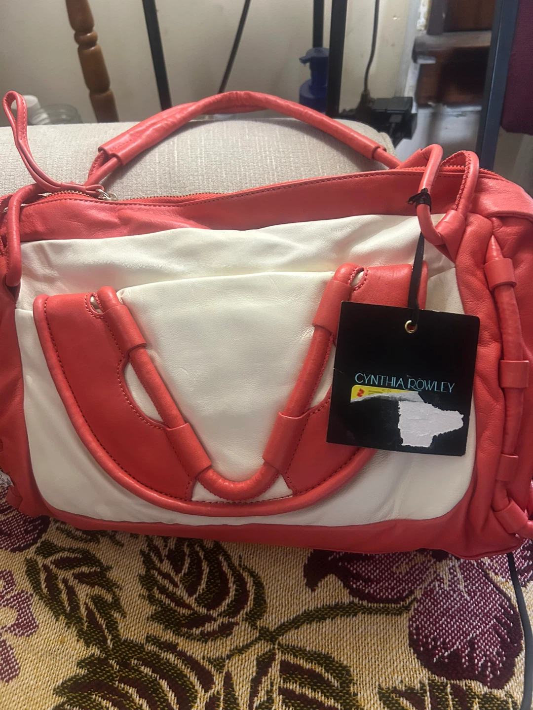 Cynthia Rowley Coral and White Leather Satchel Handbag