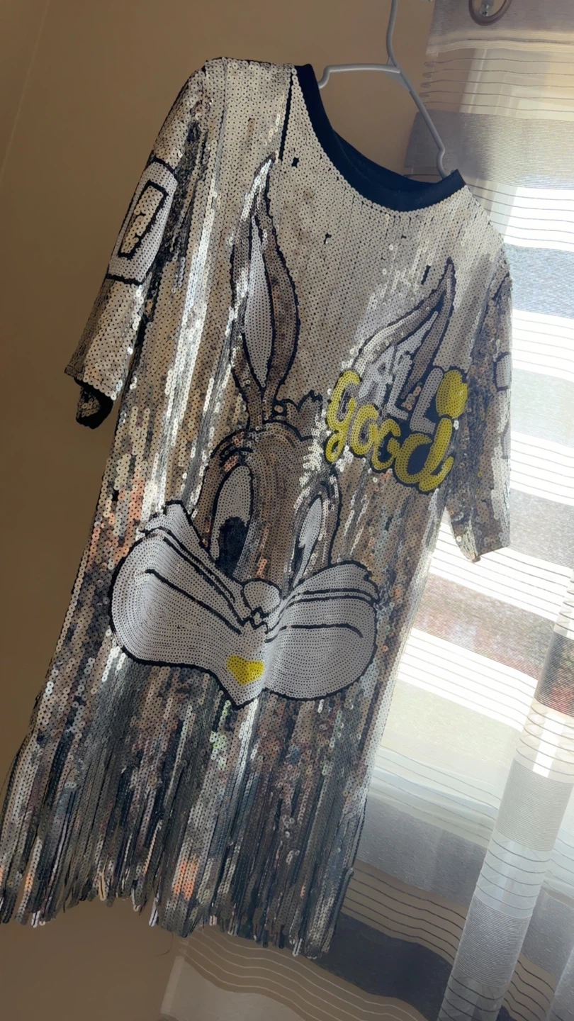 Sequin Bugs Bunny T-Shirt Dress with Fringe