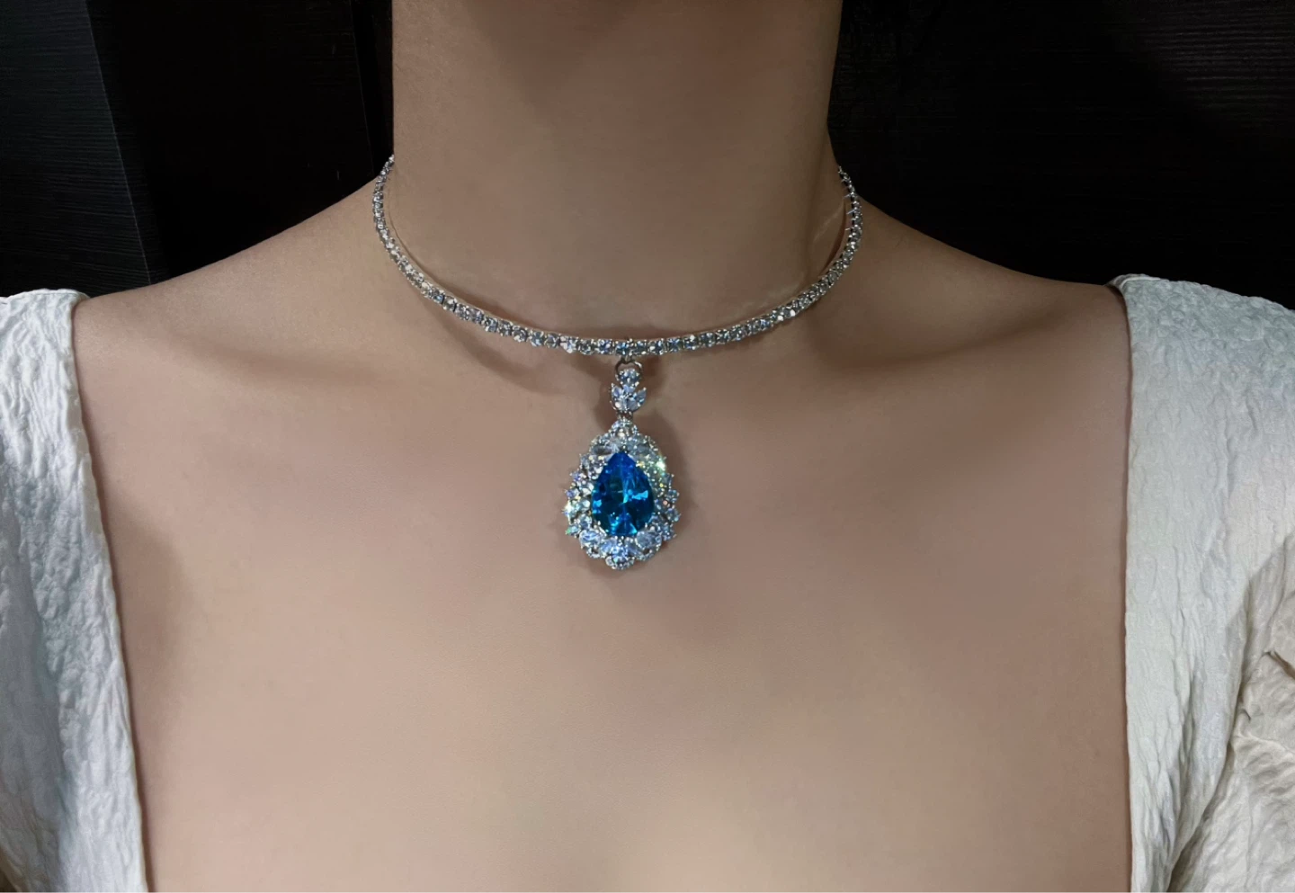 💎 Vintage Pear-Cut Sapphire Blue Tennis Necklace