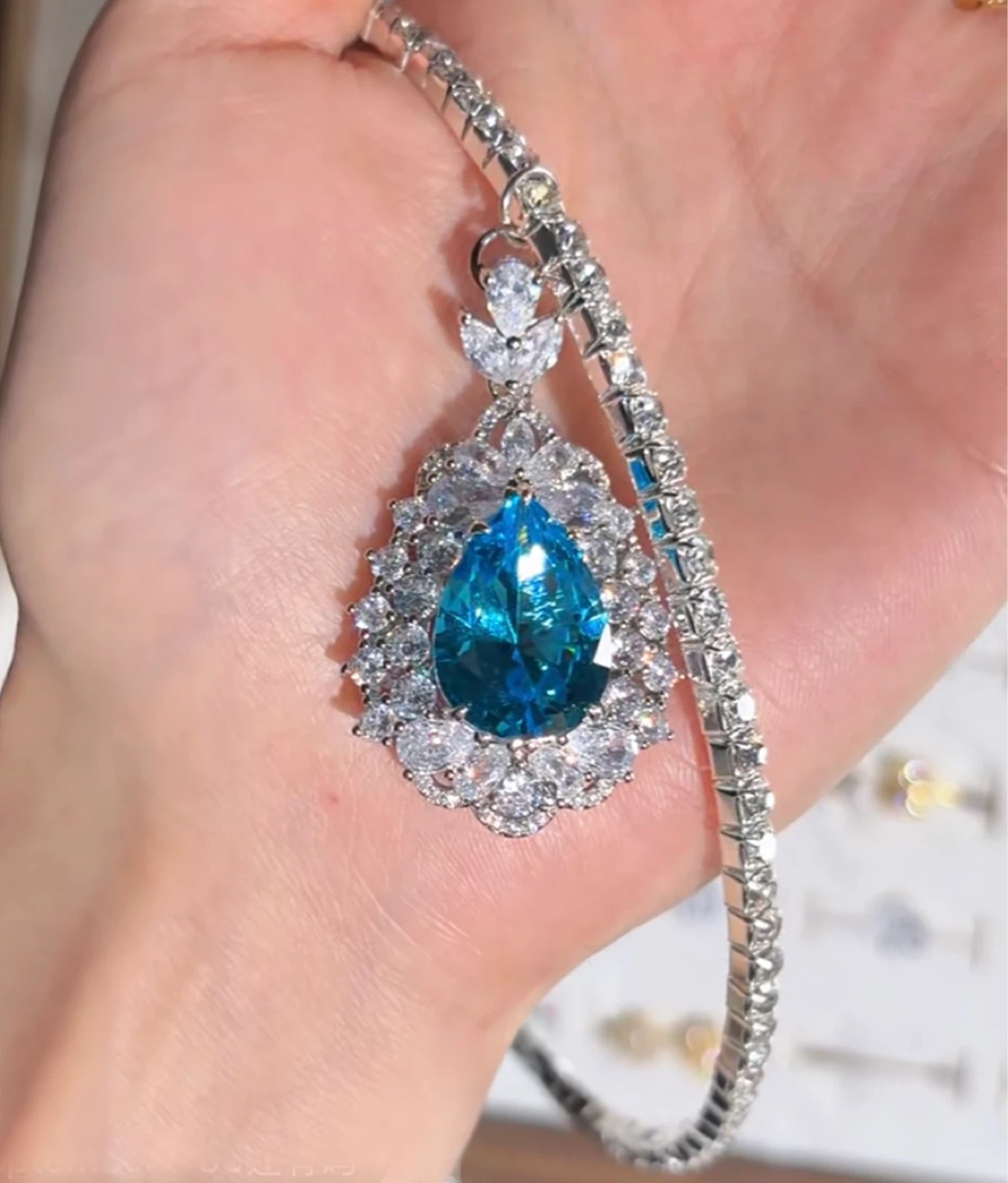 💎 Vintage Pear-Cut Sapphire Blue Tennis Necklace - photo 2