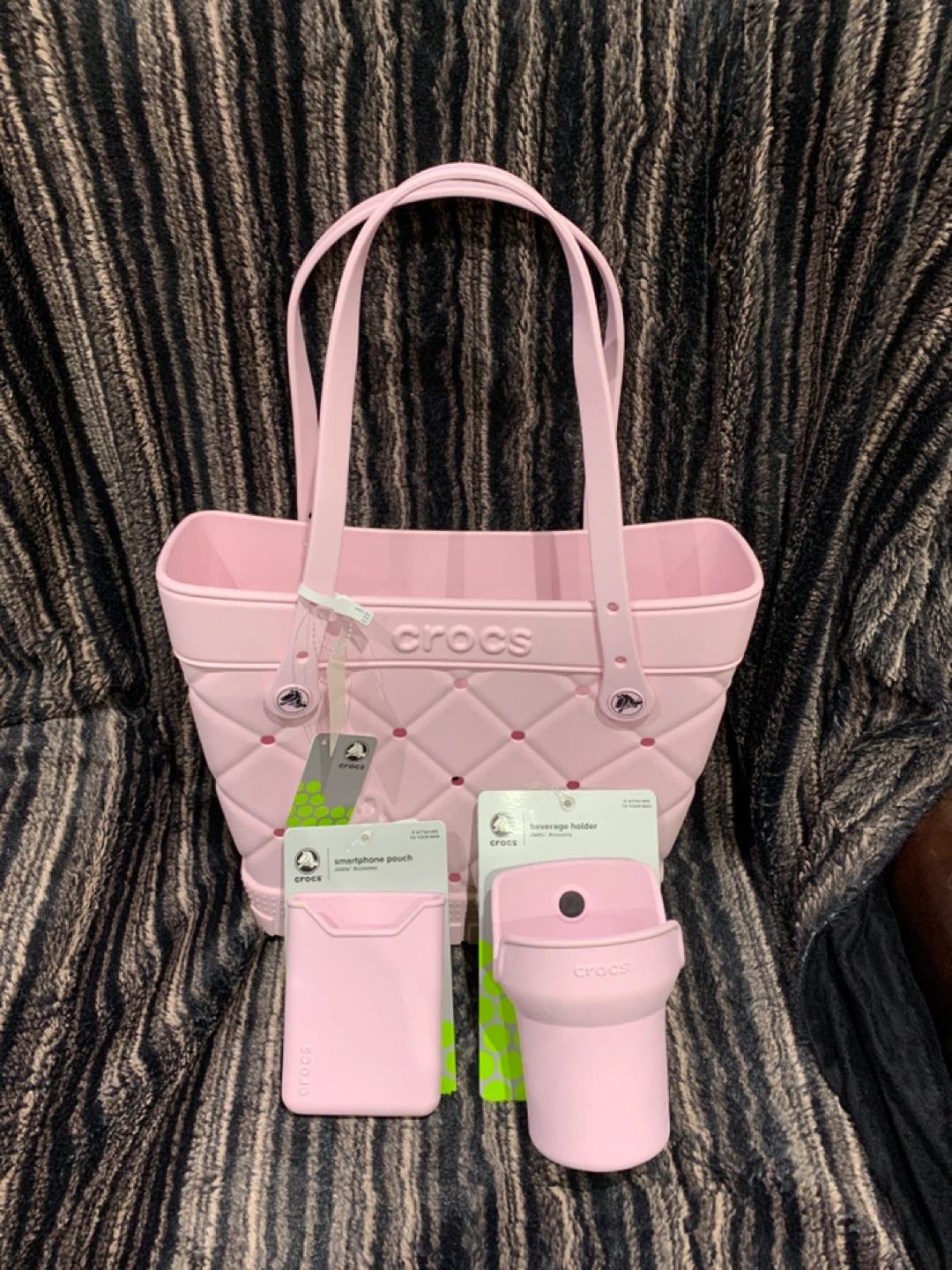 Crocs Pink Tote Bag with Smartphone Pouch and Beverage Holder